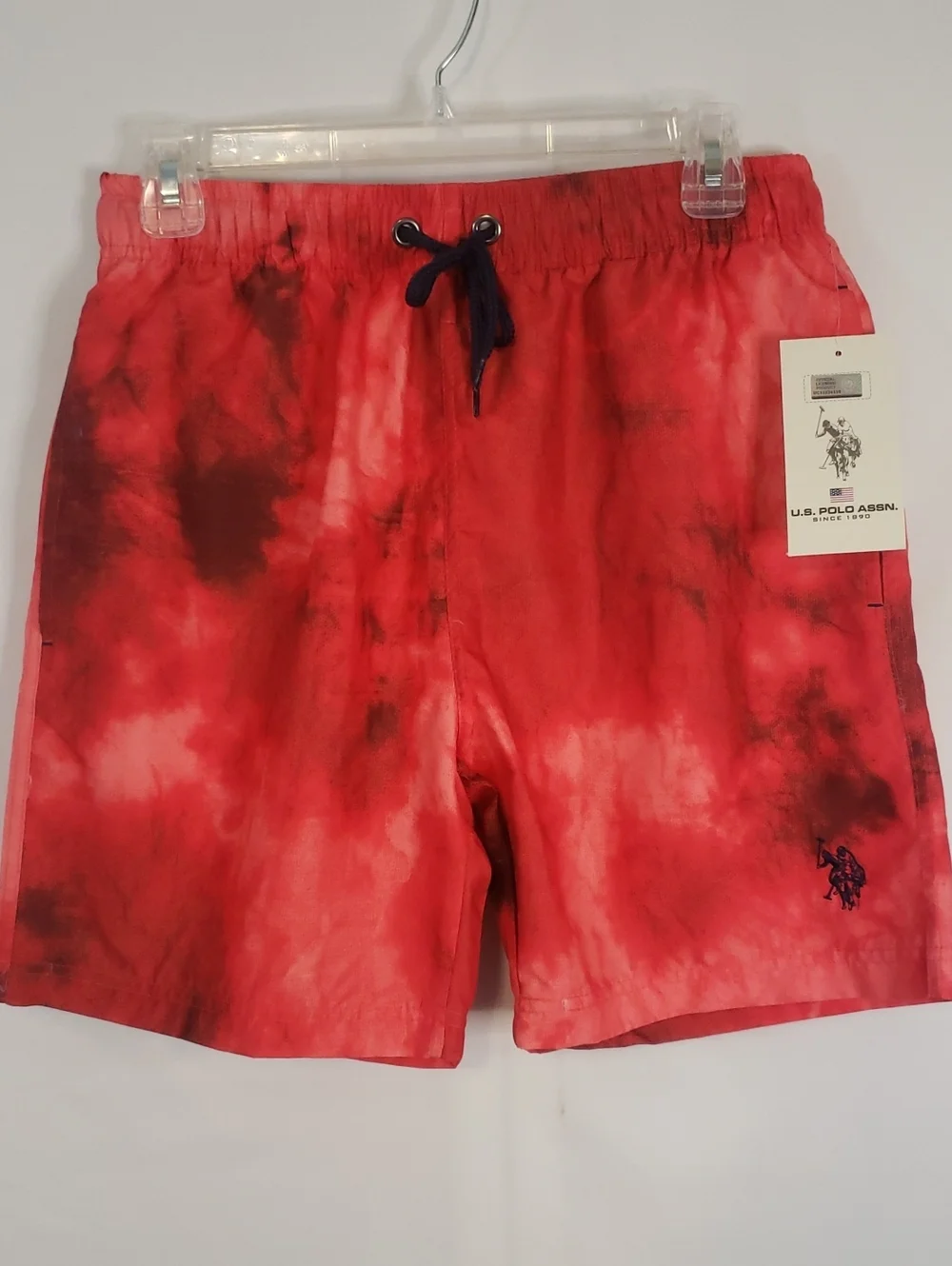 U.S. Polo Assn. Red Tie-Dye Design Swim Shorts with Navy Drawstring
